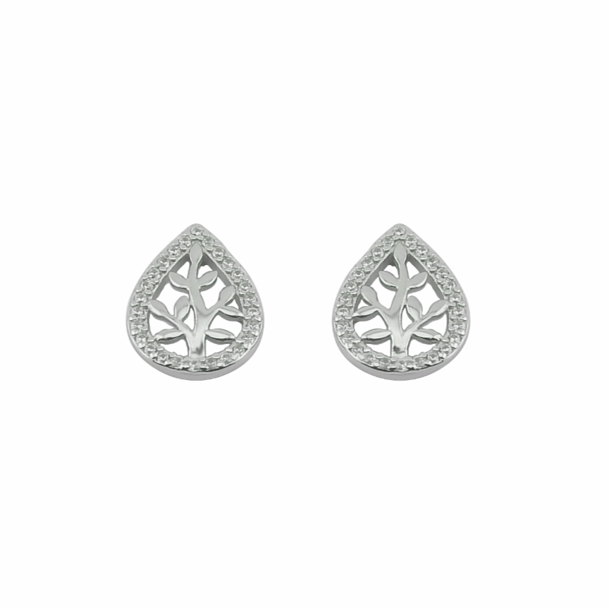 Pair of silver teardrop-shaped earrings with intricate designs on a white background