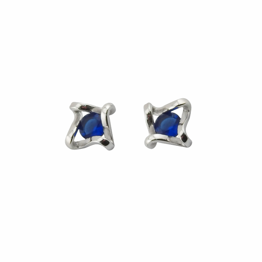 Pair of silver earrings with blue gemstones on a white background