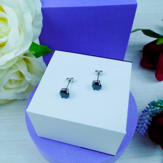 Silver Round "Black CZ" Stud Earrings