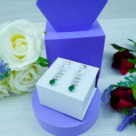 Silver "CZ Leaf & CZ Emerald Teardrop" Earrings
