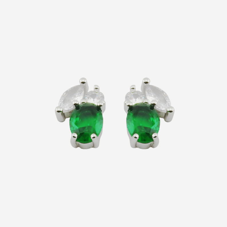 Pair of green gemstone earrings on a white background