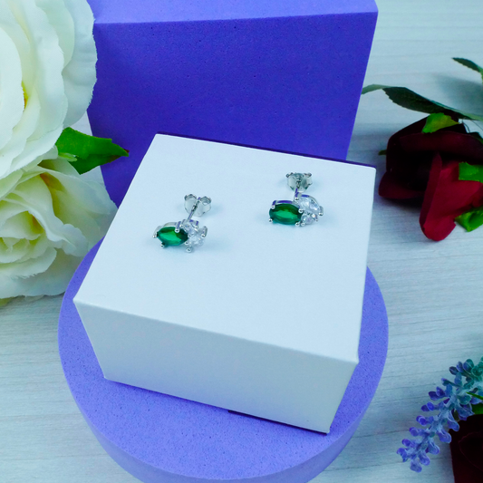 Silver "CZ White Leaf & CZ Emerald Oval" Earrings