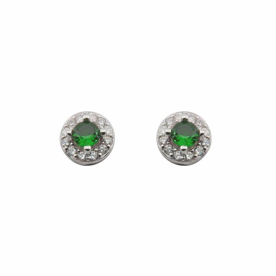 Pair of silver earrings with green gemstones on a white background