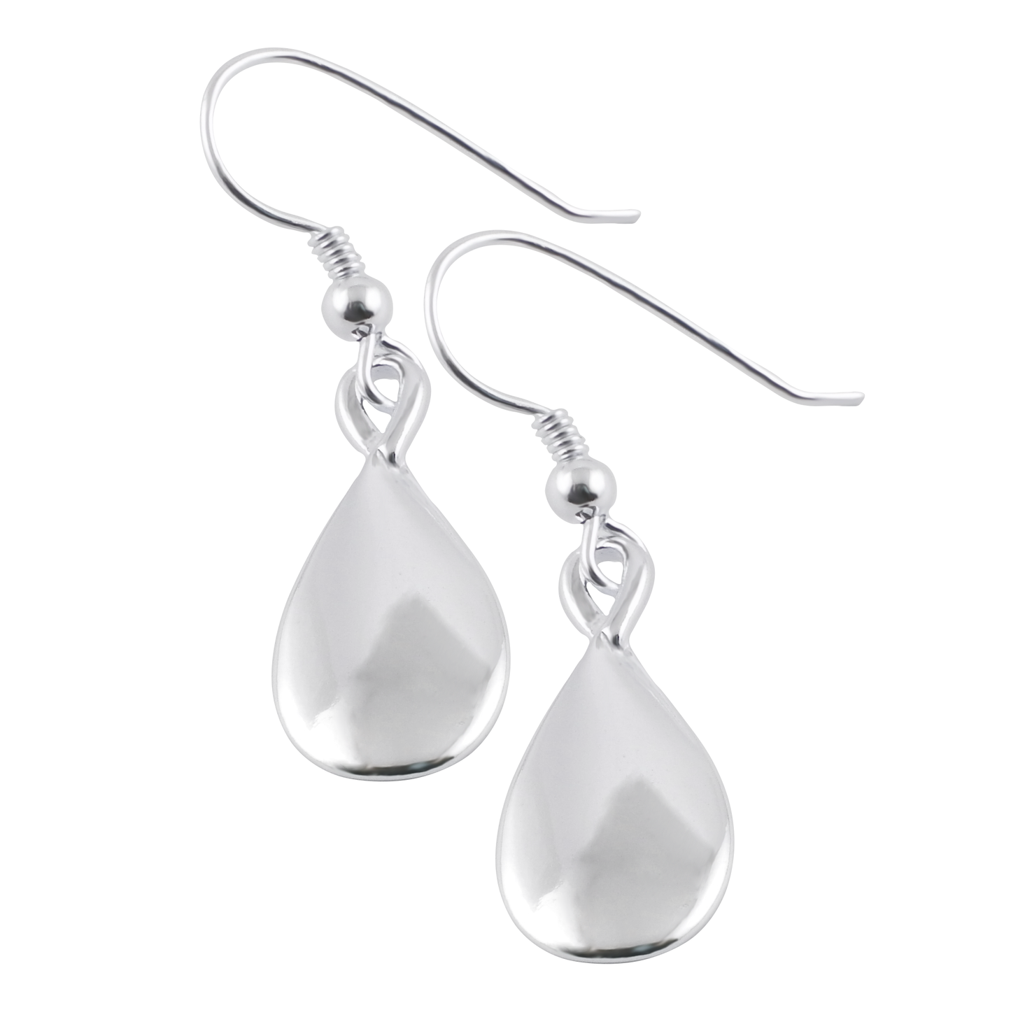 A pair of silver teardrop earrings with a hook closure.