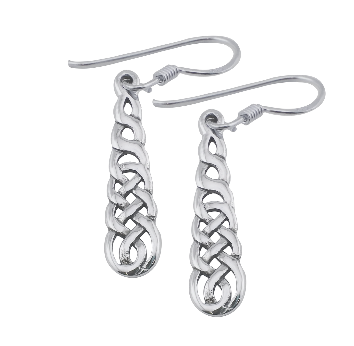 A pair of sterling silver Celtic weave dangle earrings.