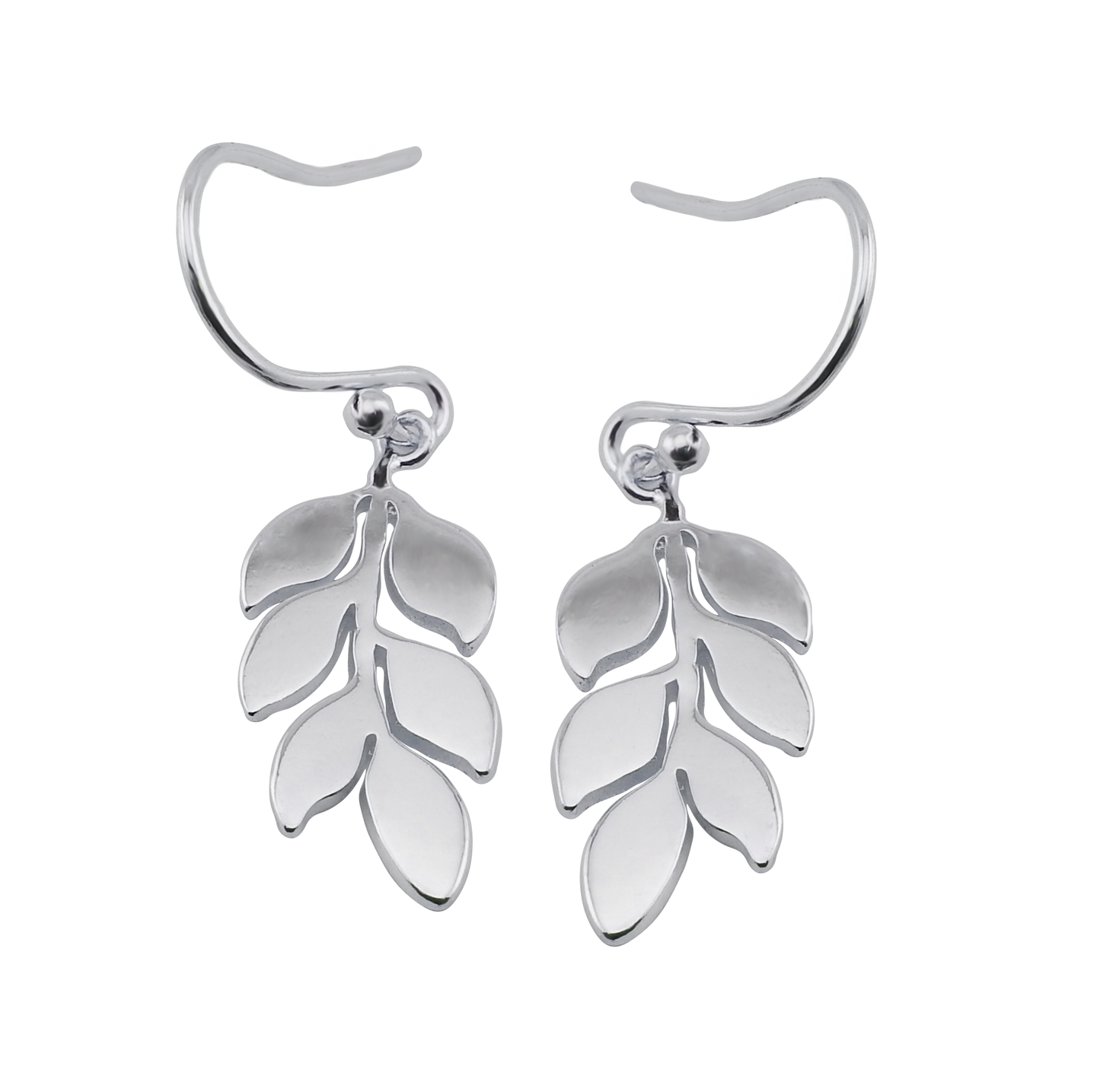A pair of silver earrings designed in the shape of leaves, with a hook closure and a drop-down style.