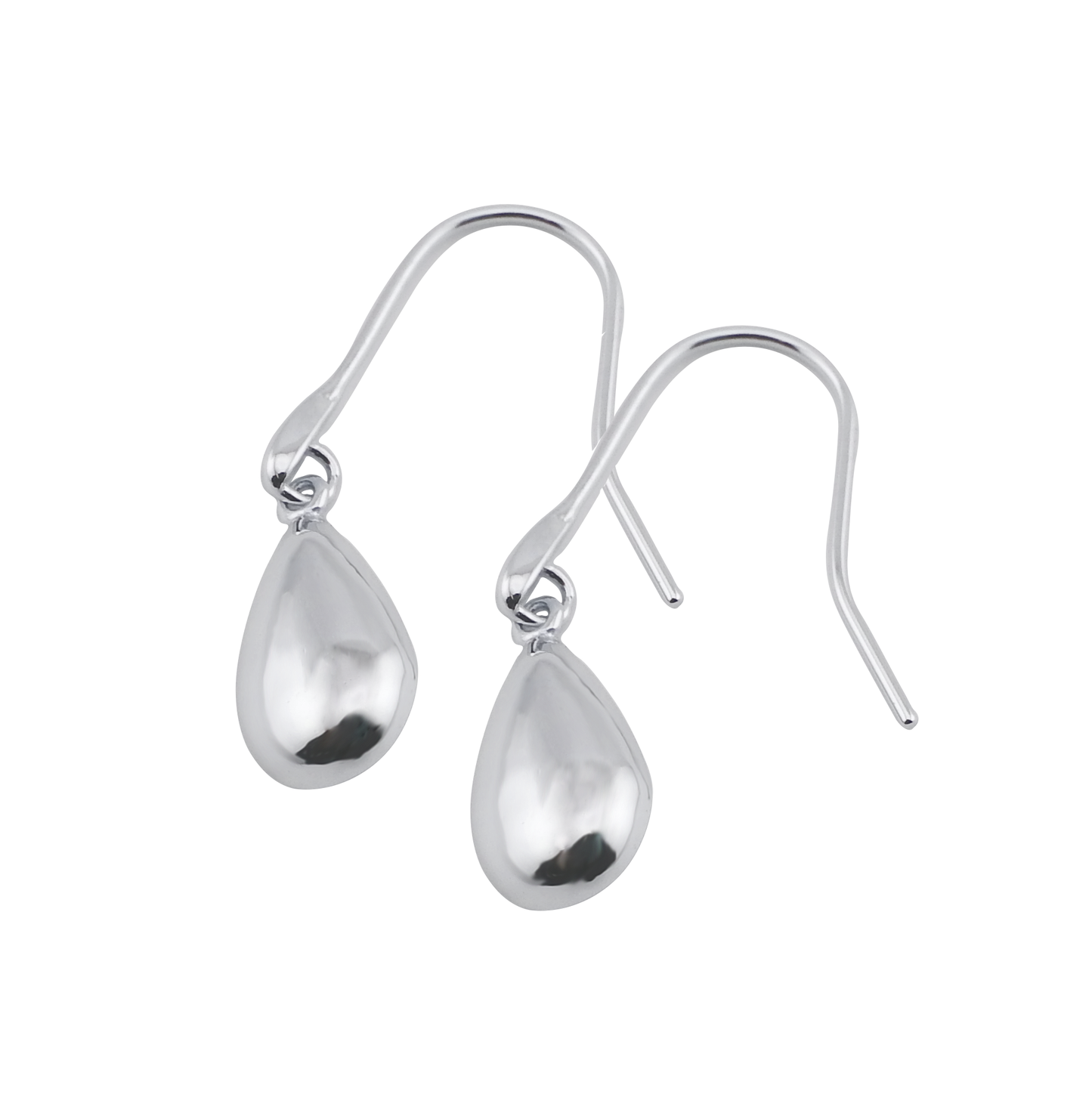 A pair of silver teardrop earrings with a hook closure.