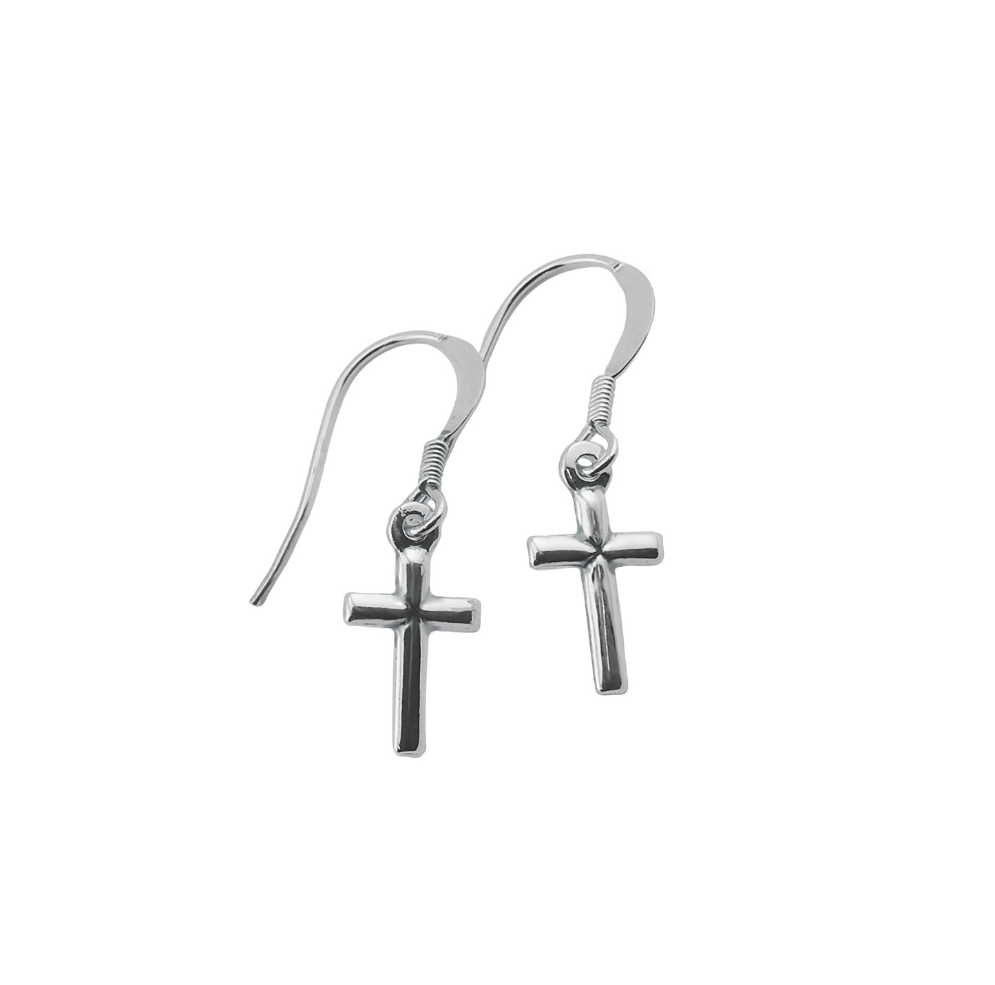 A pair of silver earrings in the shape of a cross.