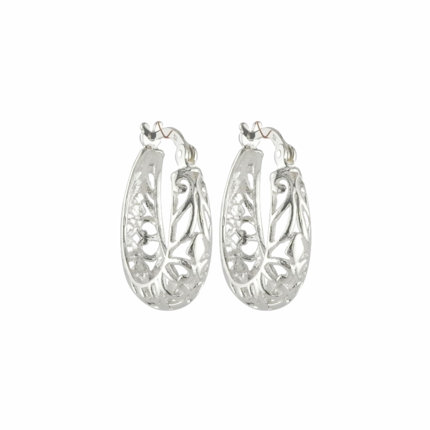 Pair of silver hoop earrings on a white background