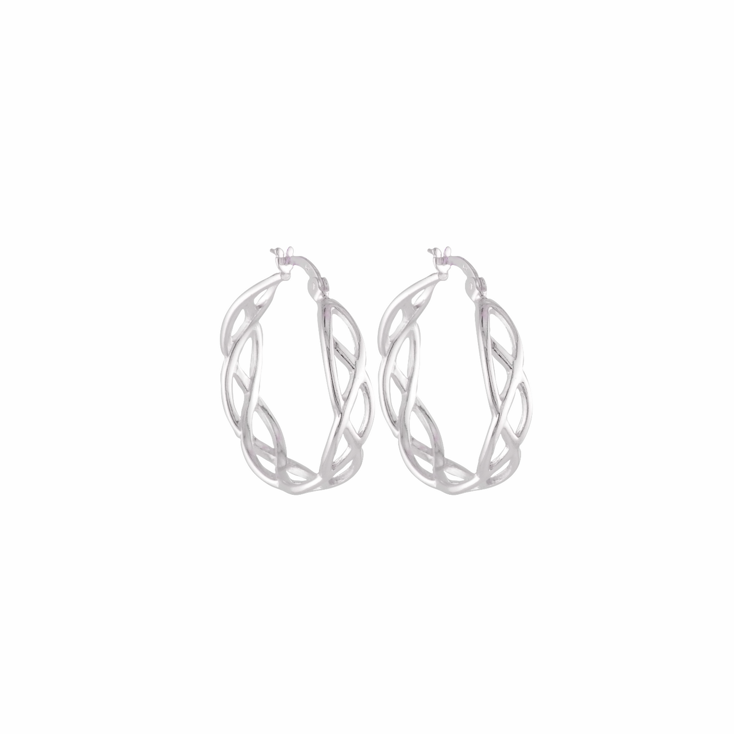 Pair of silver hoop earrings on a white background