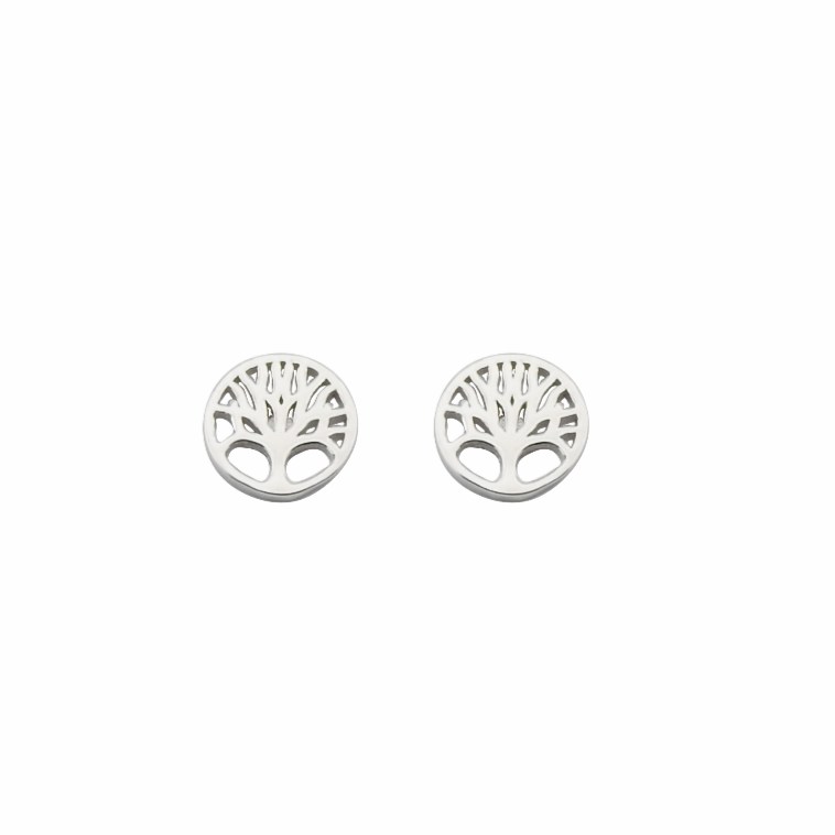 Pair of silver tree-shaped earrings on a white background