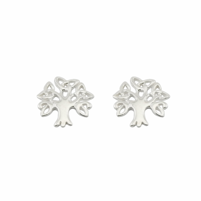 Pair of silver tree-shaped earrings on a white background