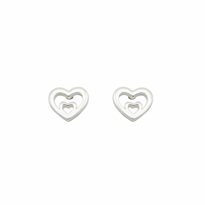 Pair of silver heart-shaped earrings on a white background