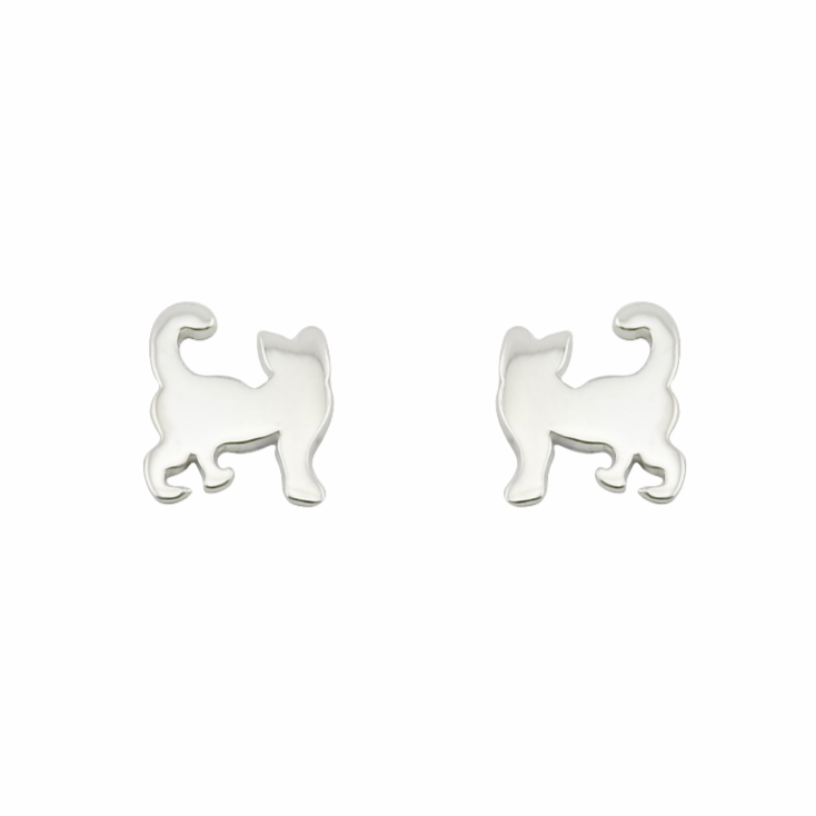 Silver cat-shaped earrings on a white background