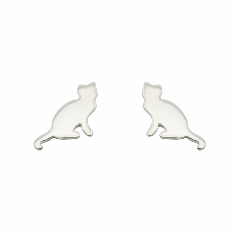 Silver cat-shaped earrings on a white background