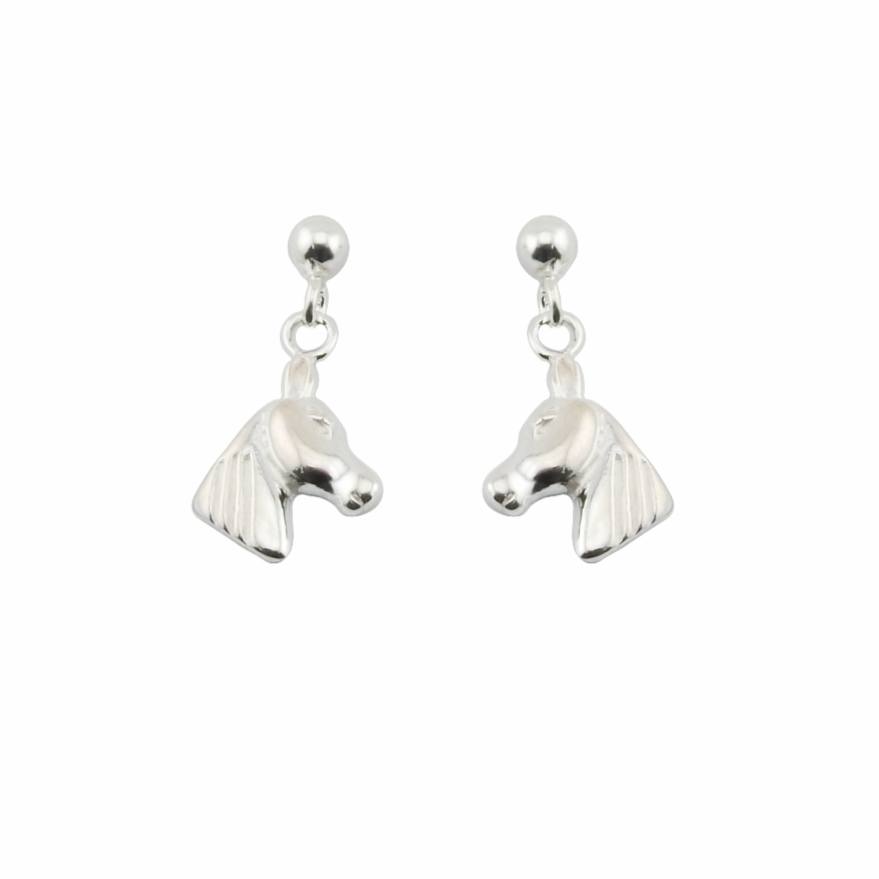 Silver horse head earrings on a white background