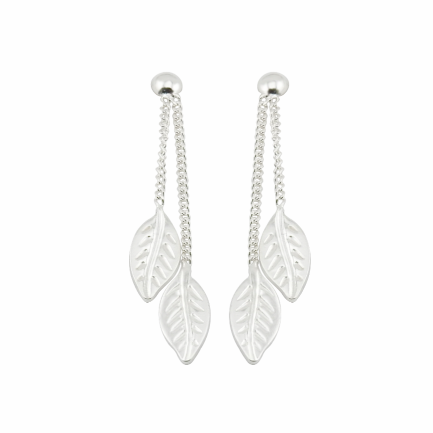 Silver leaf earrings with chains on a white background