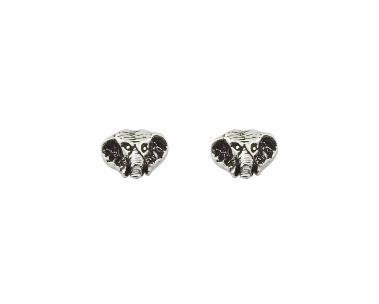 Pair of silver elephant-shaped earrings on a white background