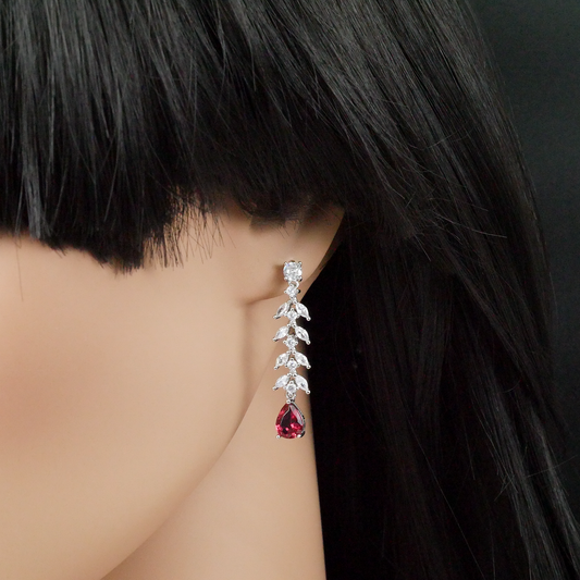 Silver "CZ Leaf & Red Teardrop" Earrings