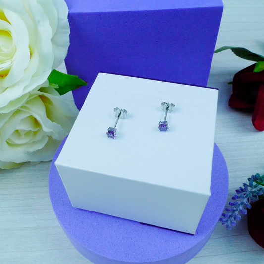 Silver "Round Violet CZ" Earrings