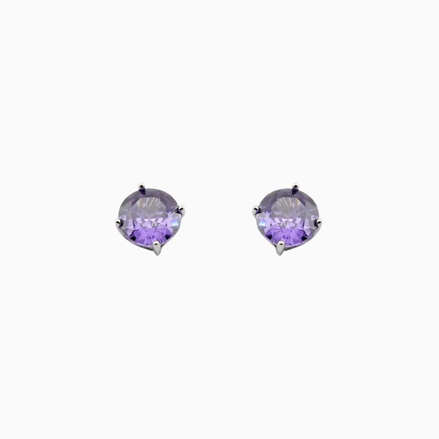 Pair of round purple gemstone earrings on a white background