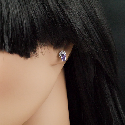 Silver "CZ Leaf & Violet Oval" Earrings