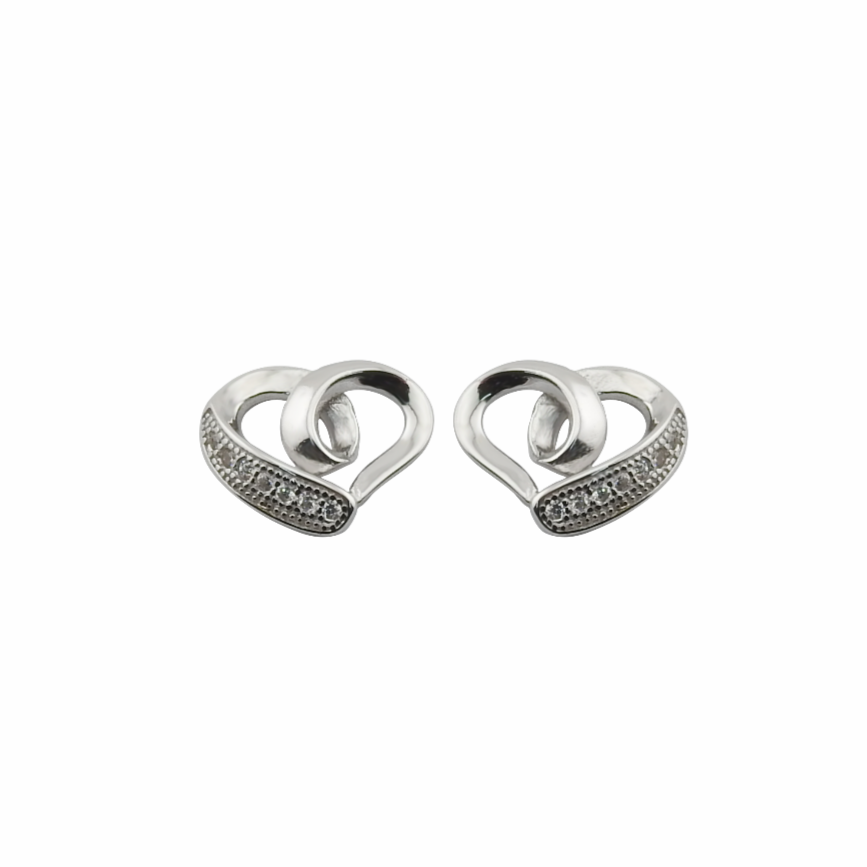 Pair of silver heart-shaped earrings on a white background