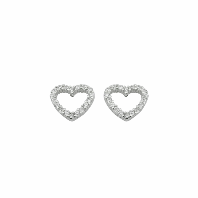 Heart-shaped silver earrings on a white background