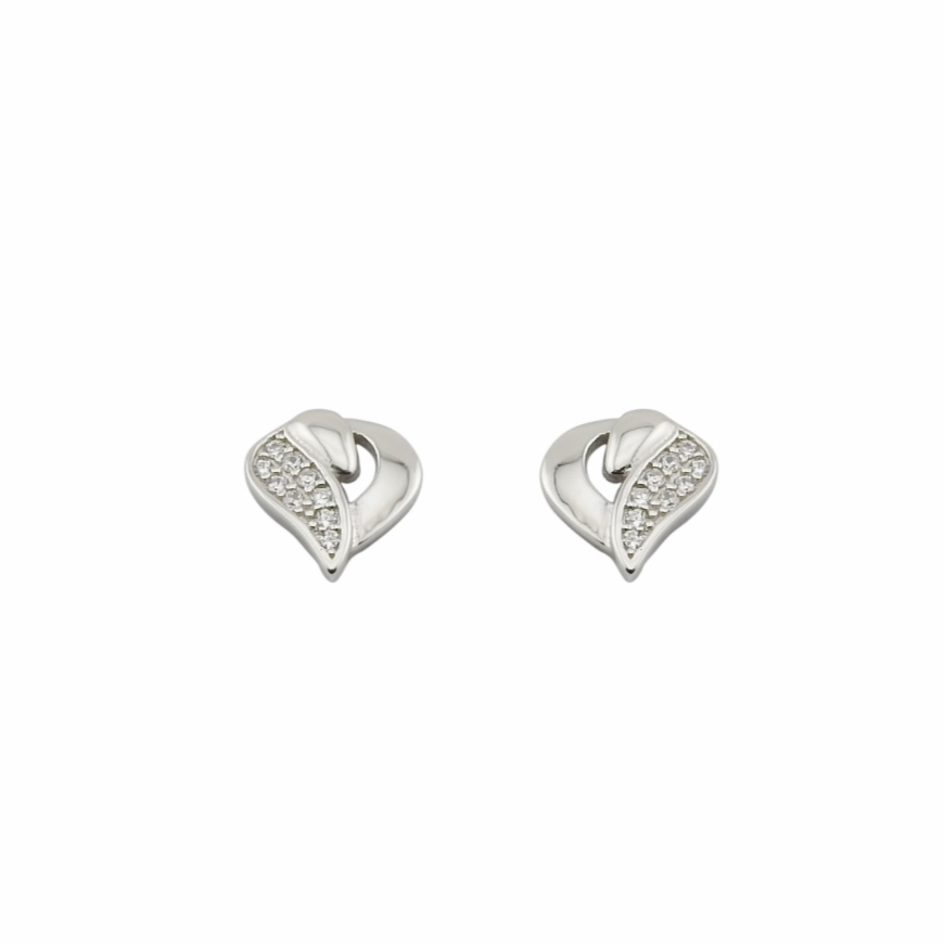 Pair of silver heart-shaped earrings on a white background