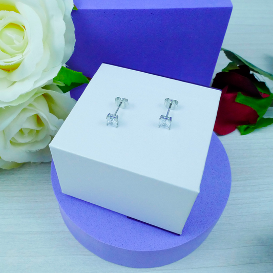 Silver "Square Single CZ" Earrings