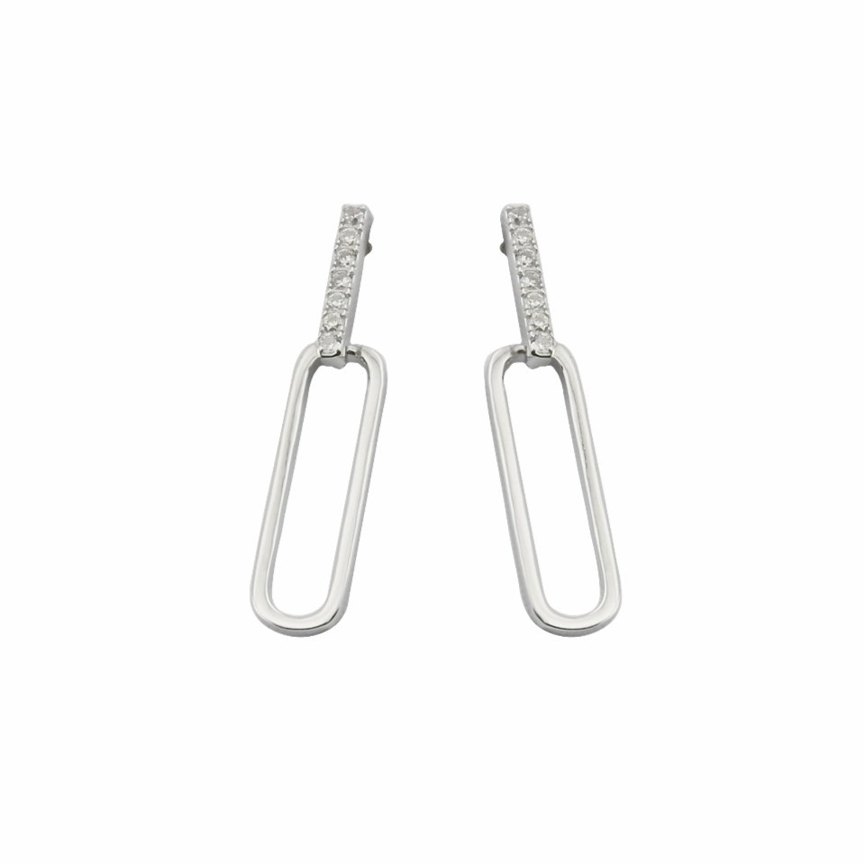 Pair of silver earrings with clear stones on a white background