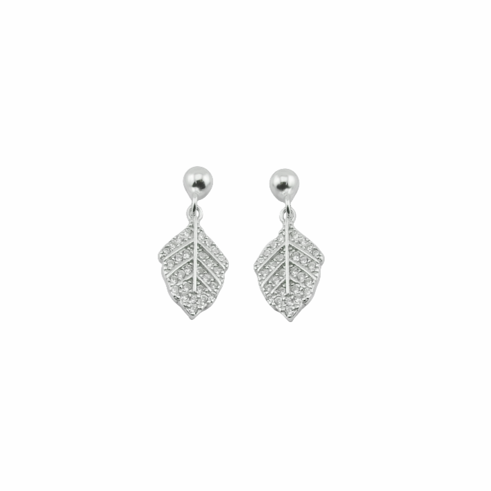 Pair of silver leaf-shaped earrings on a white background