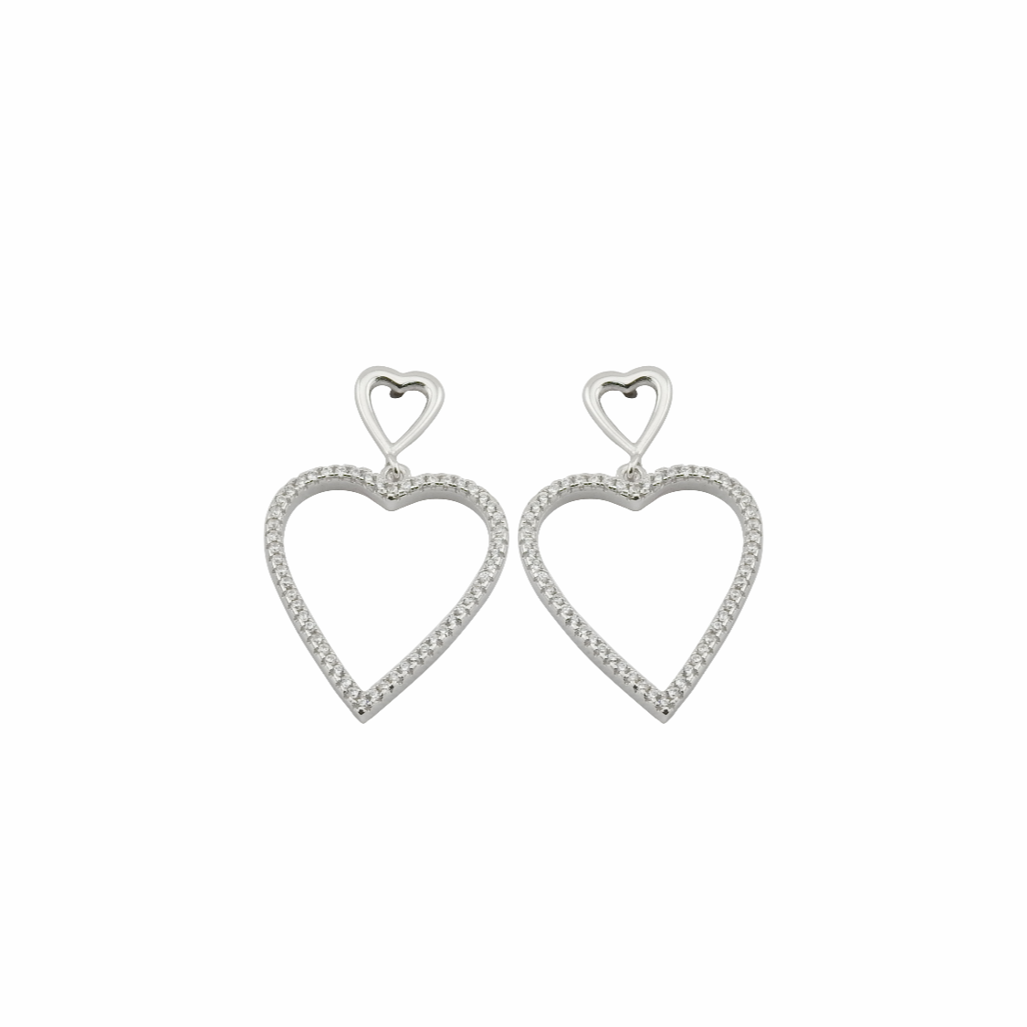Heart-shaped silver earrings on a white background