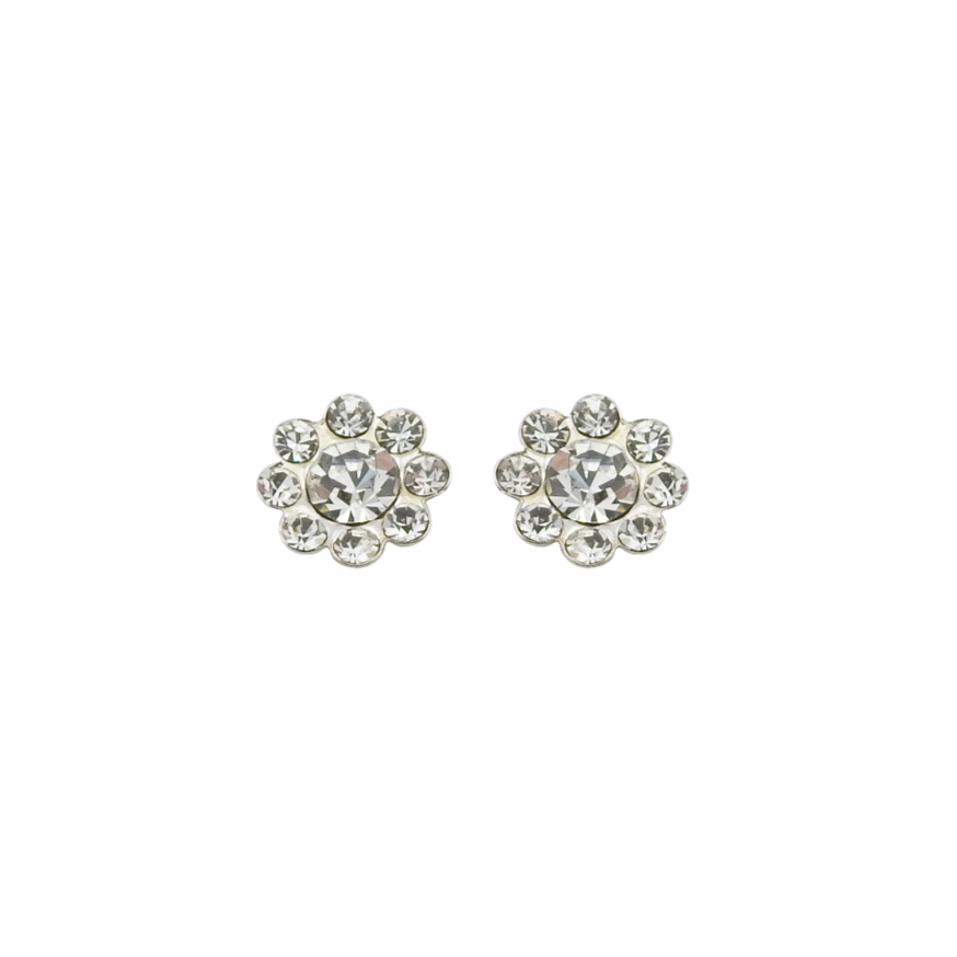 Pair of silver floral earrings on a white background