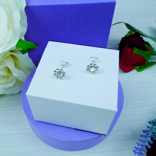 Silver "White CZ Flower" Earrings