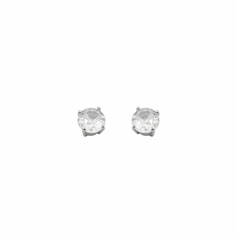 Pair of silver stud earrings on a white background