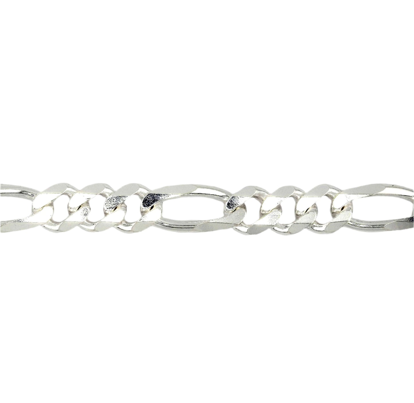 A sterling silver figaro chain necklace laid out on a plain background.