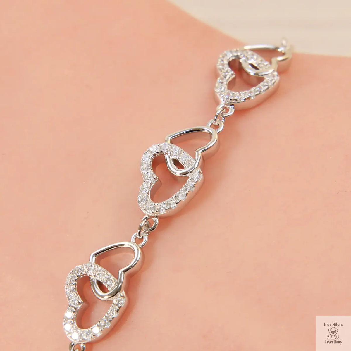 Silver 6 Hearts Cubic Zirconia Bracelet Just Silver Jewellery