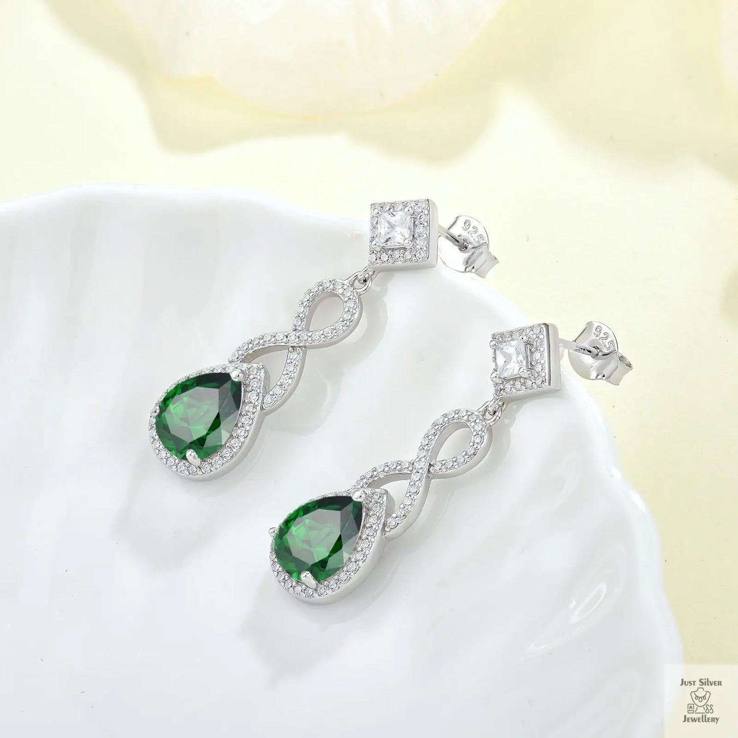 Silver Natural Green Zircon Teardrop Earrings Just Silver Jewellery