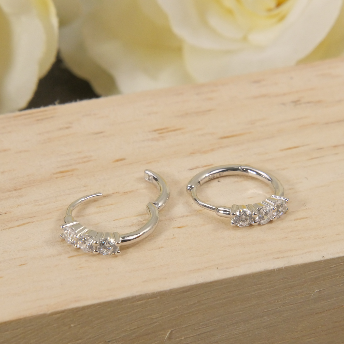 Silver Natural Clear 3 Zircon Hoop Earrings