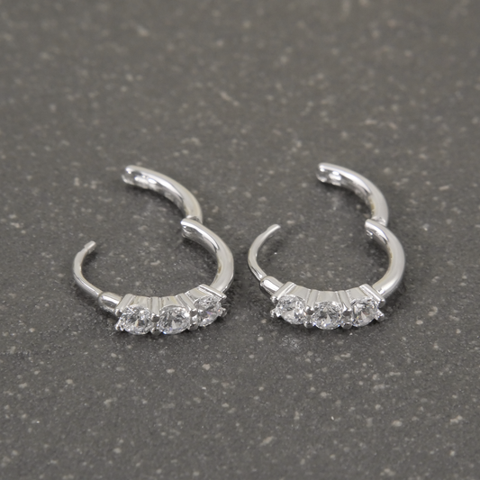 Silver Natural Clear 3 Zircon Hoop Earrings