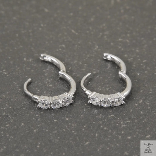 Silver Natural Clear 3 Zircon Hoop Earrings Just Silver Jewellery