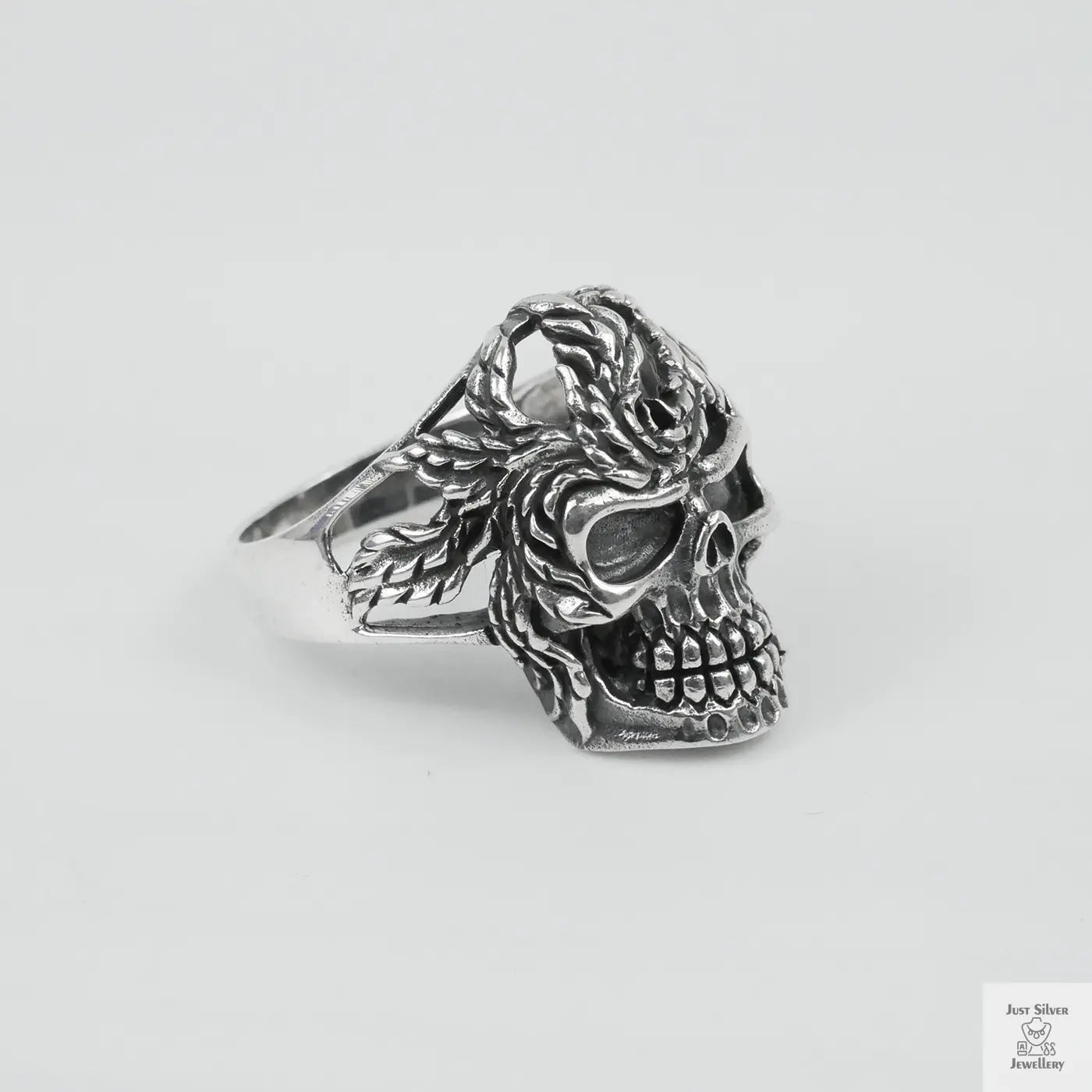 Silver Bold "Skull & Feather" Gents Ring Just Silver Jewellery