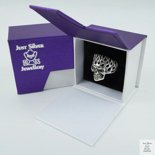 Silver Bold "Flaming Skull" Gents Ring Just Silver Jewellery