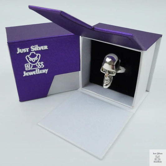 Silver ring in a 'Just Silver Jewellery' box on a white background