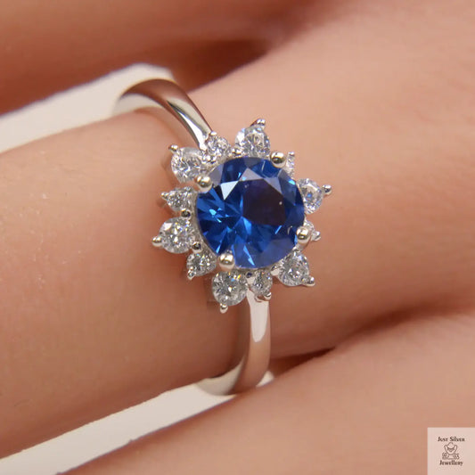Silver Blue Natural Zircon Flower Ring Just Silver Jewellery