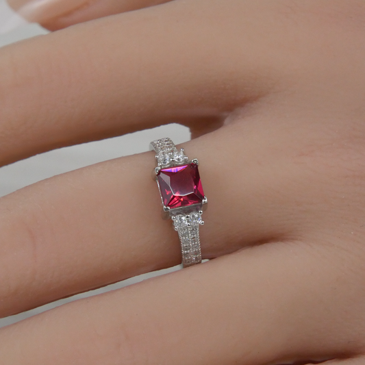 Silver SQ Ruby Zirconia and White Zirconia Ring