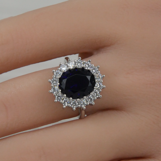 Silver Large Sapphire Colour Zirconia Flower Ring