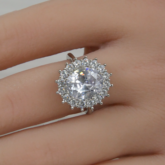 Silver White Big Zirconia Flower Ring