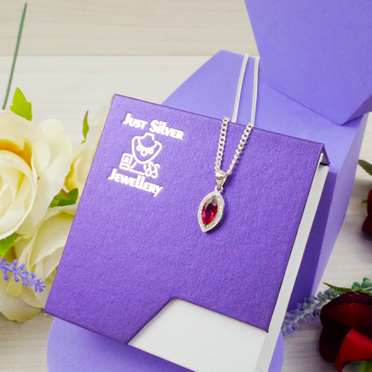 "Marquise cut" Ruby Zirconia Gem pendant & chain